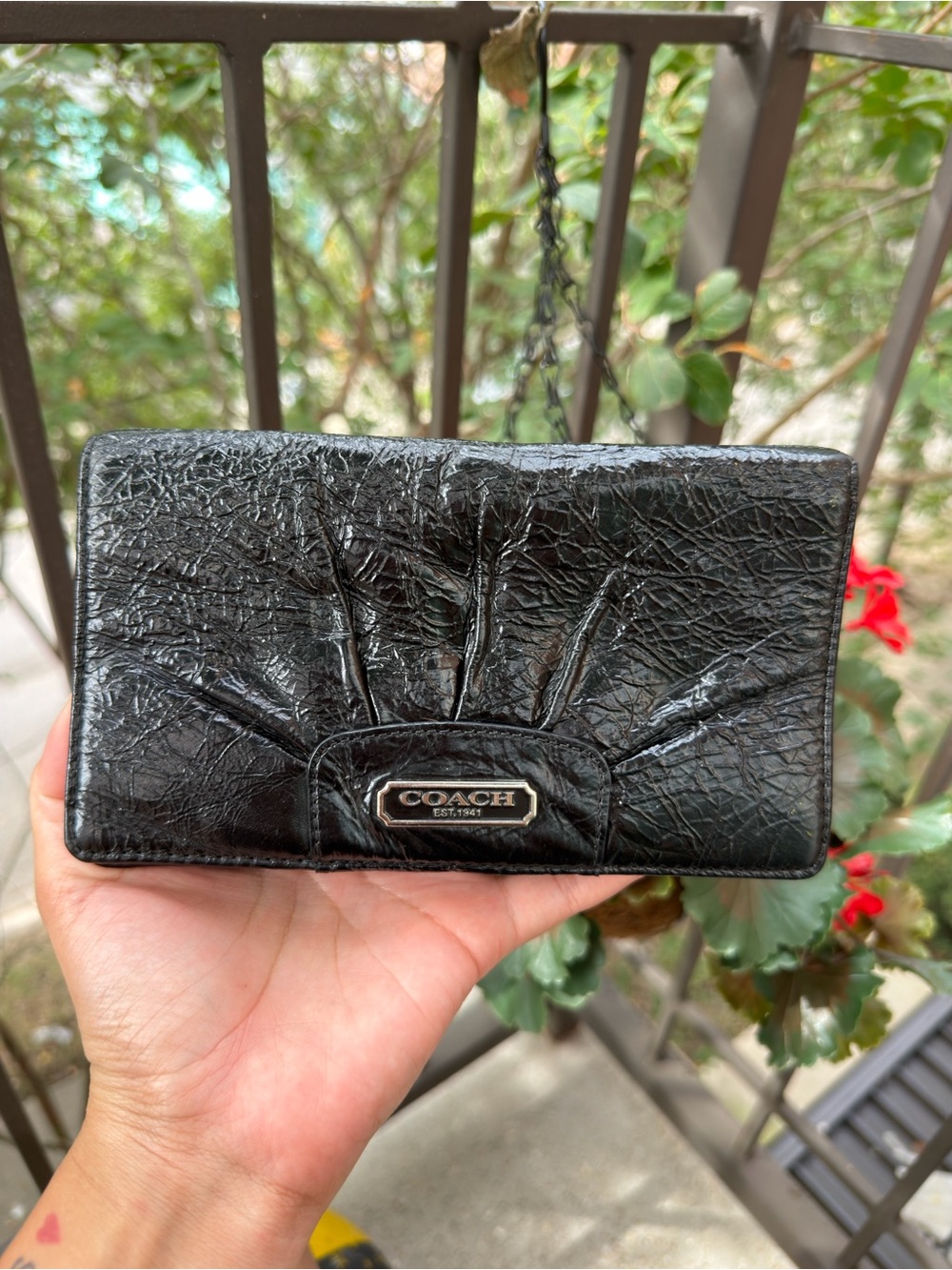 COACH Black Textured Leather Card & Key Holder with Signature Plaque